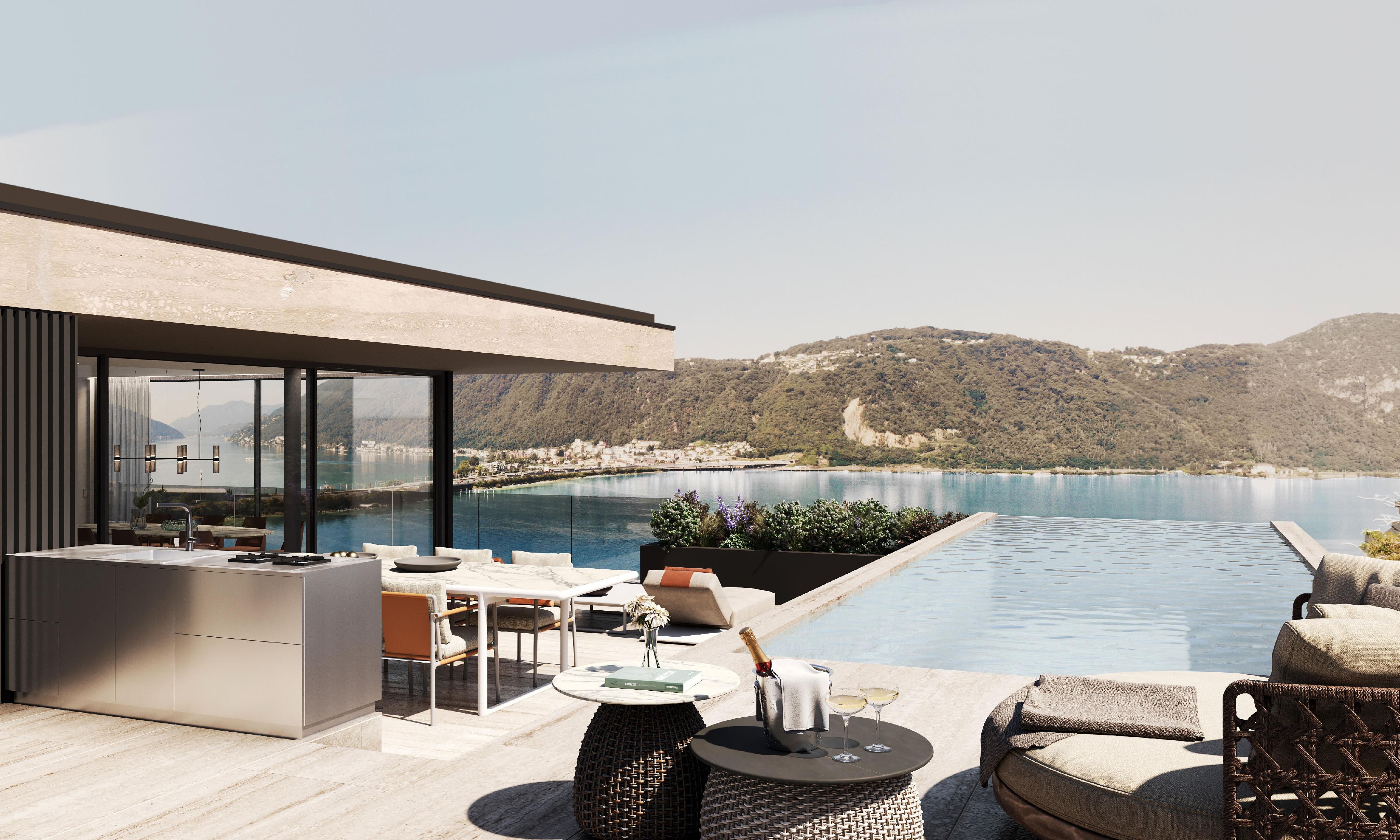 Luxuriöse Terrasse mit Infinity-Pool und Seeblick
