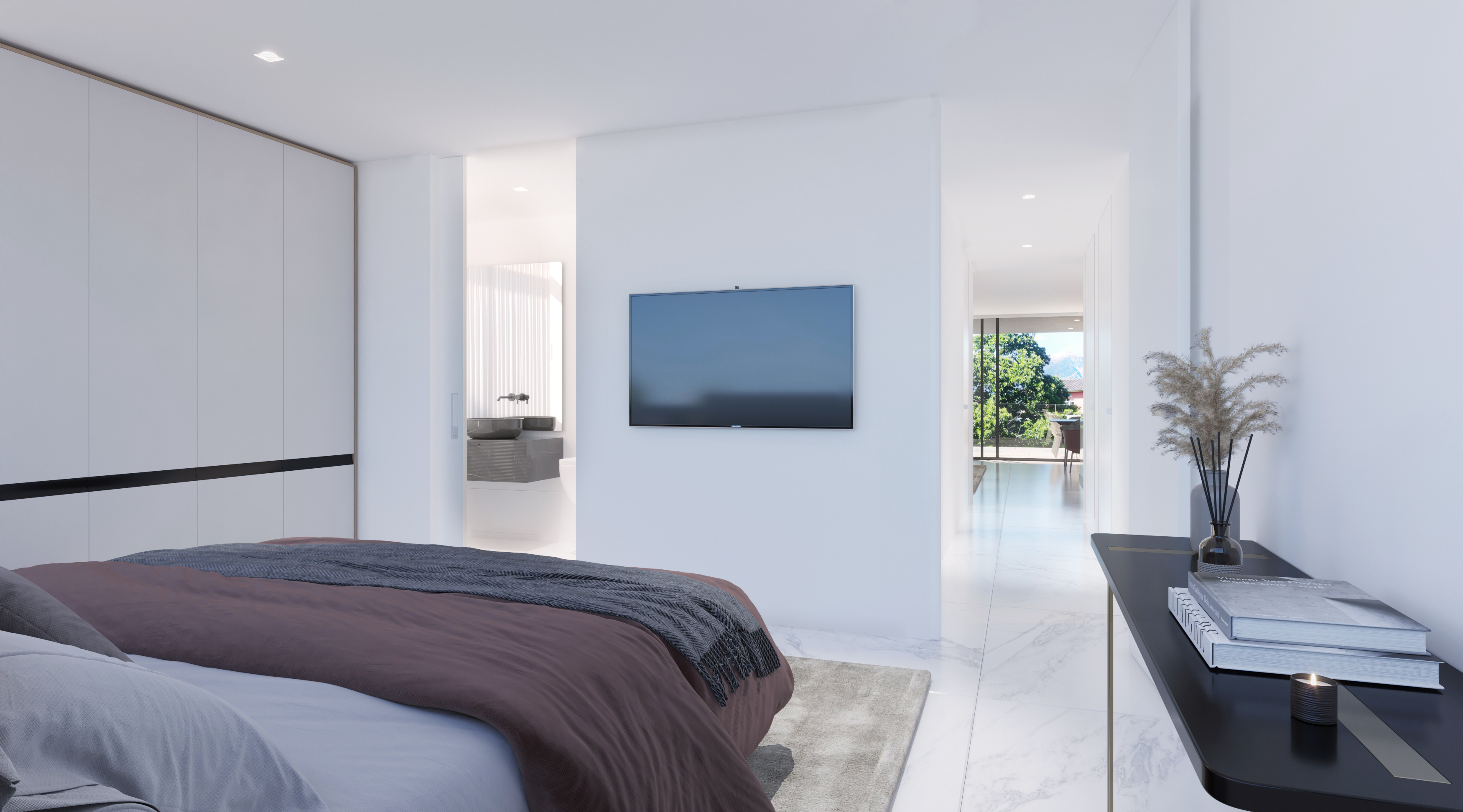 Modernes Schlafzimmer mit Blick ins Bad und auf den Balkon