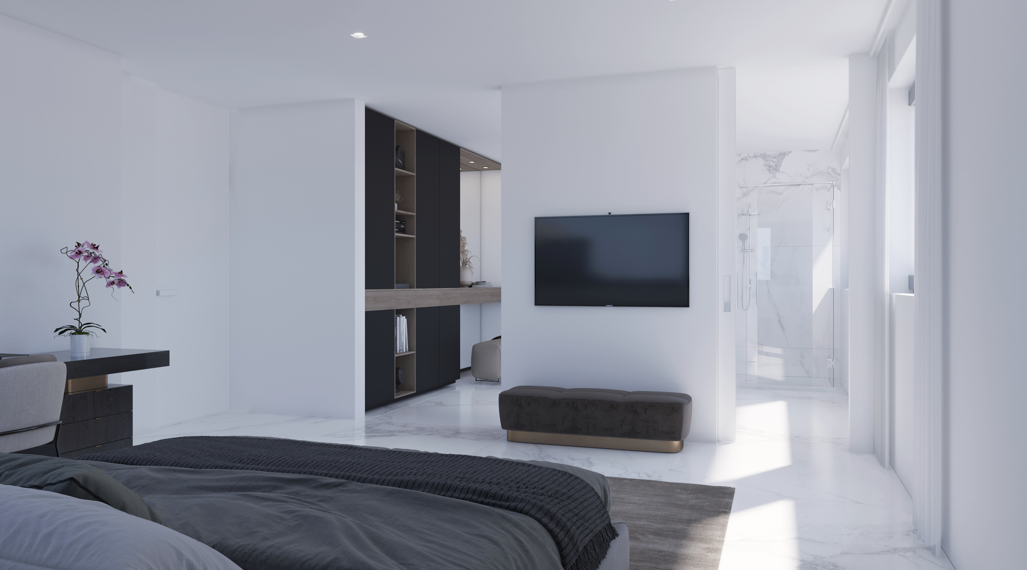 Modernes Schlafzimmer mit offenem Badbereich