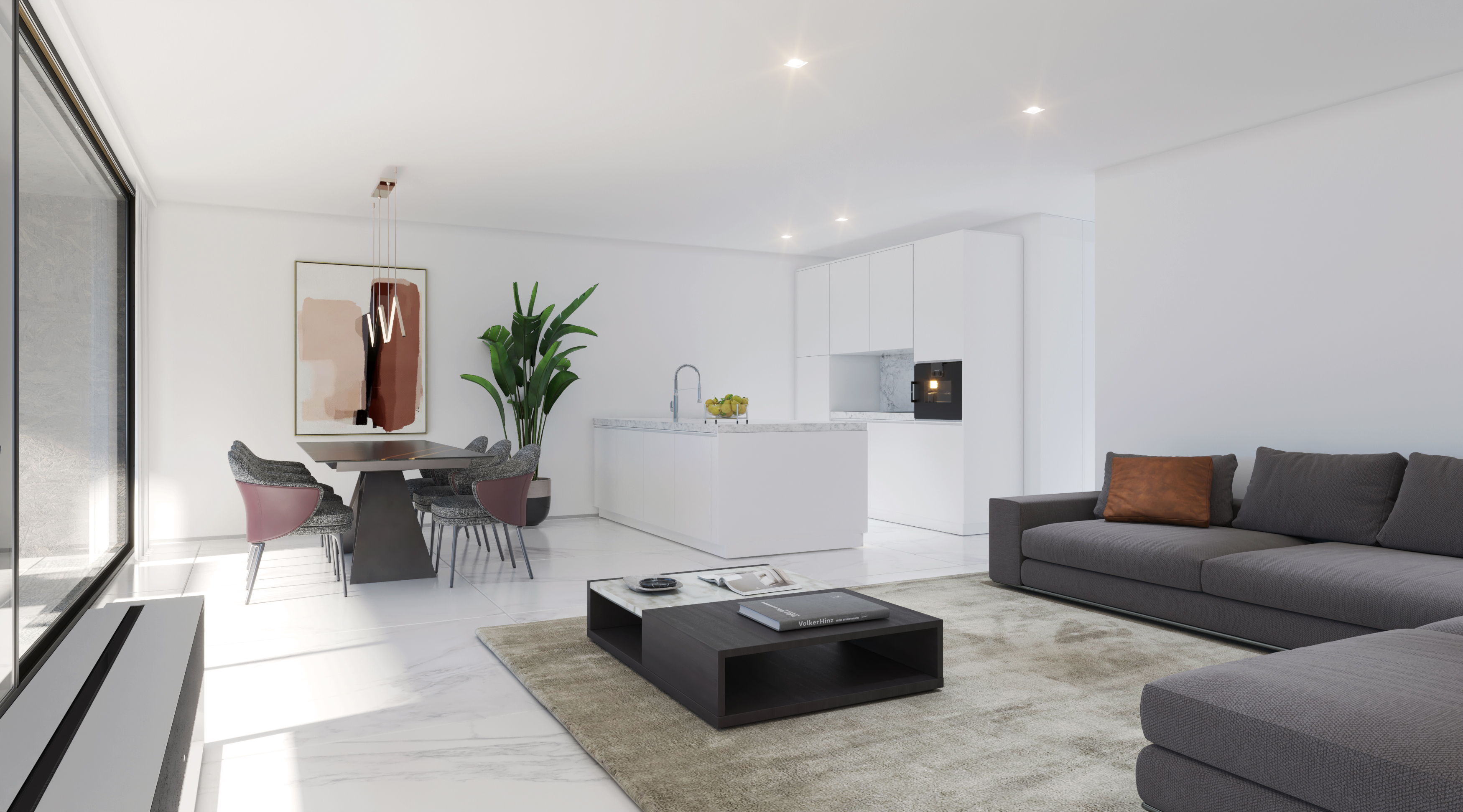 Modernes offenes Wohn-Esszimmer mit Küche