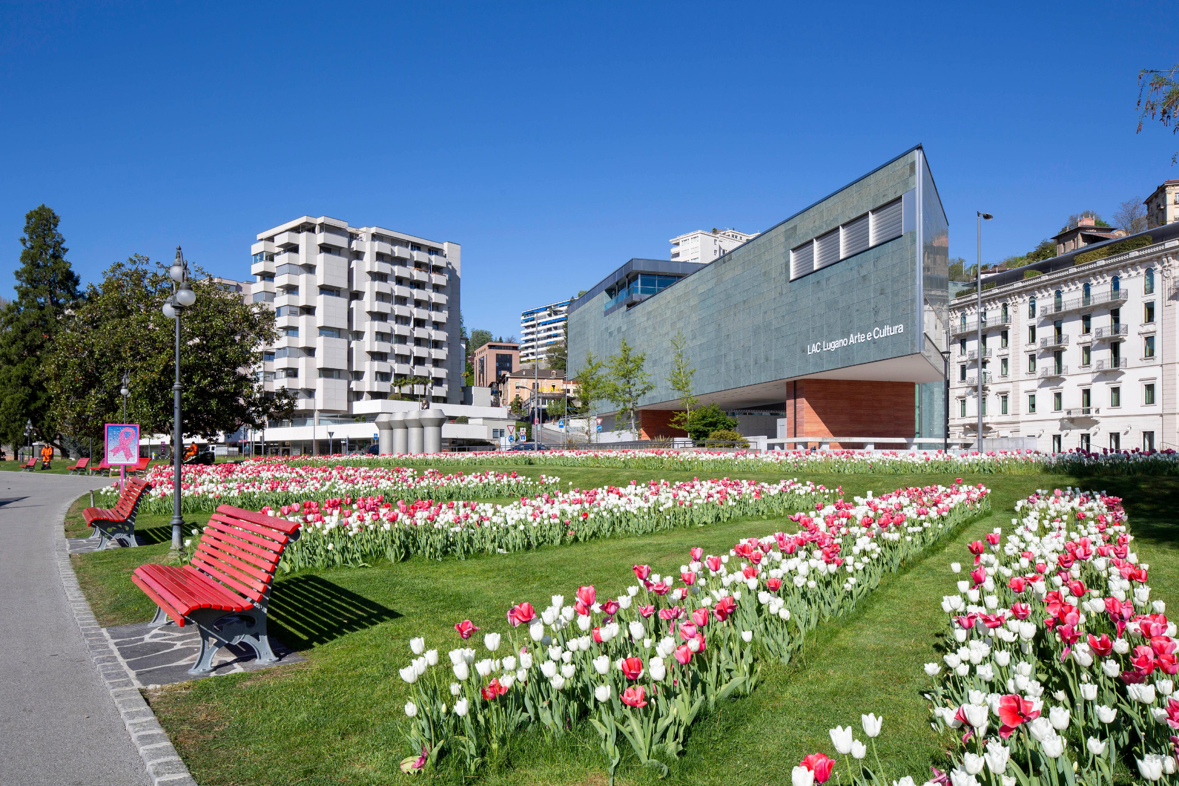 Städtischer Platz mit Blumenbeeten und moderner Architektur