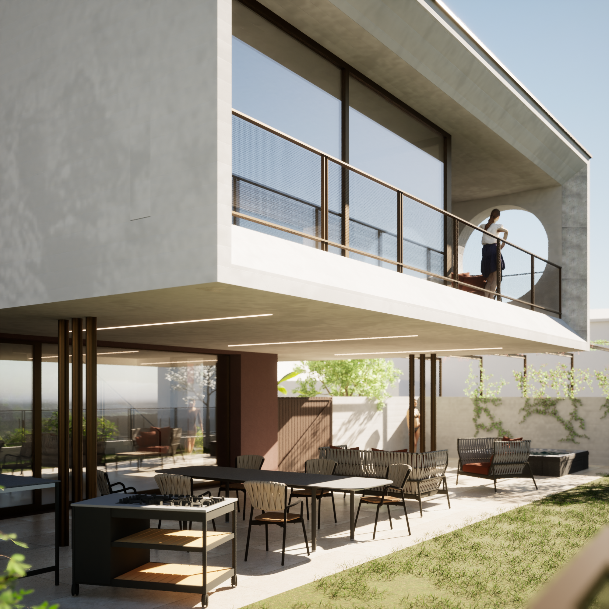 Moderne Terrasse mit Patio und Obergeschossbalkon
