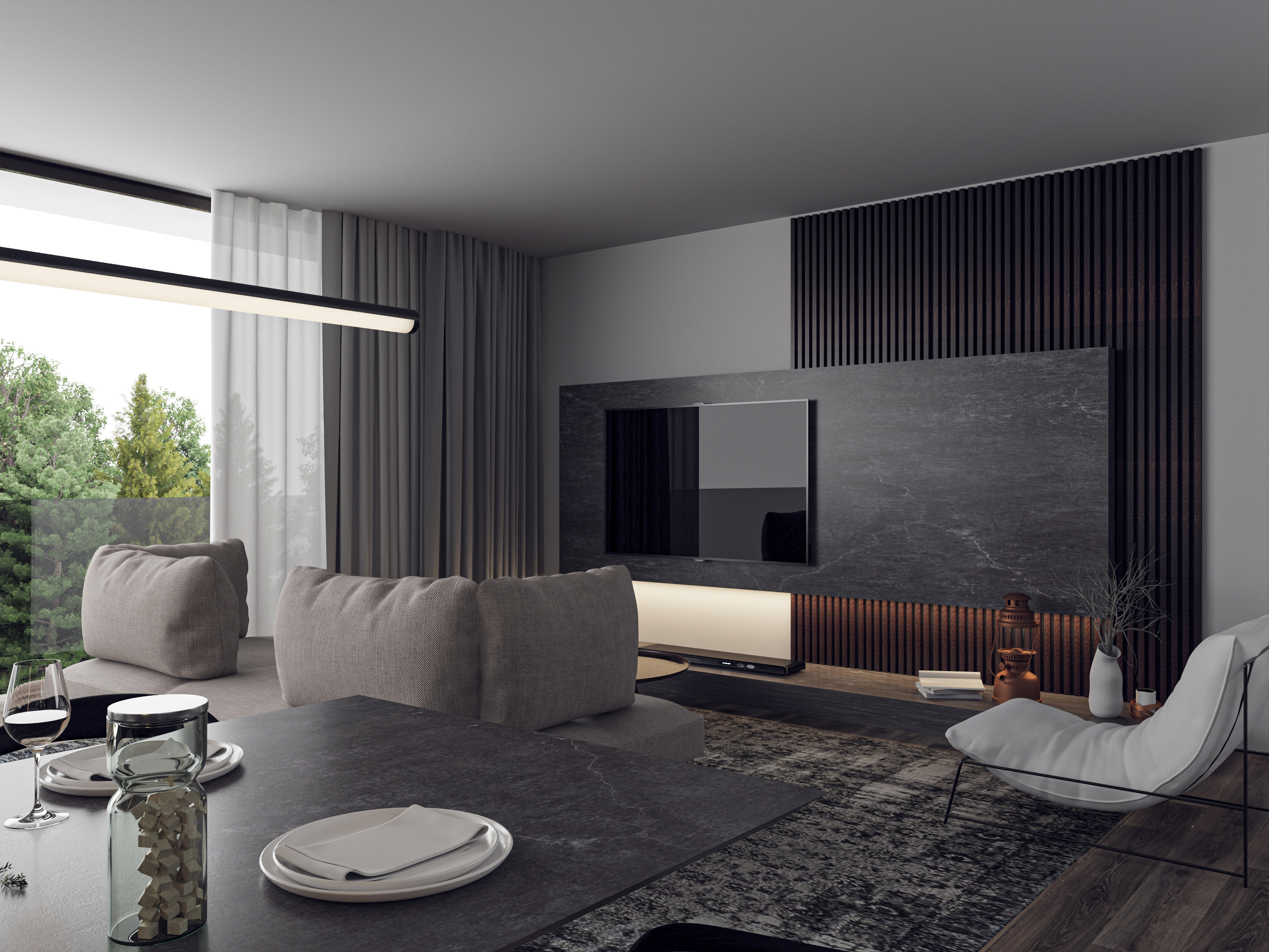 Modernes, minimalistisches Wohnzimmer mit dunkler Akzentwand
