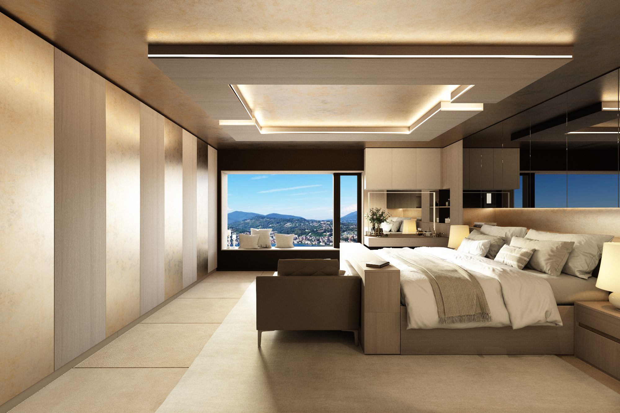 Luxuriöses Schlafzimmer mit Panoramafenster