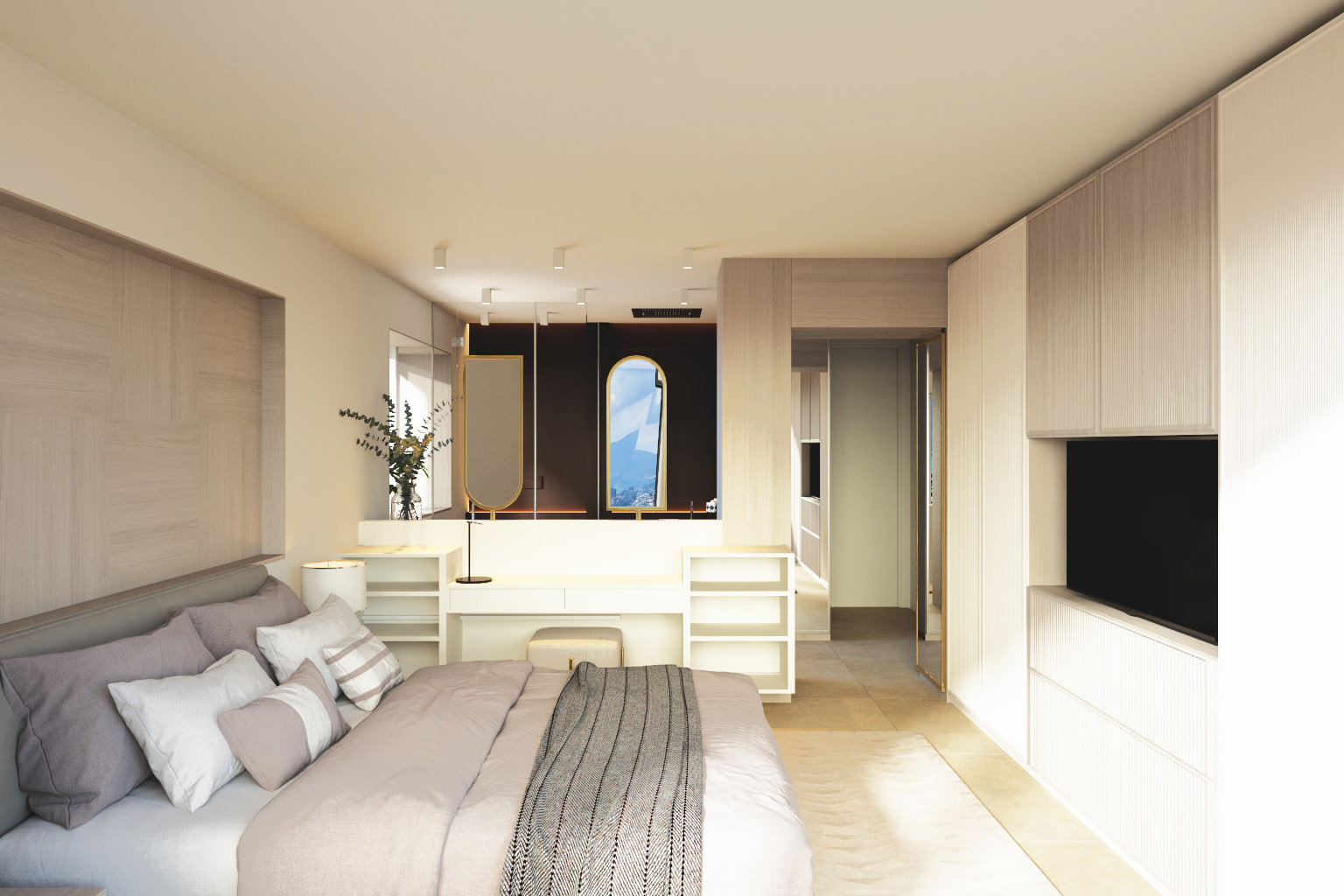 Modernes Schlafzimmer mit Ankleide und integrierter Möbelwand