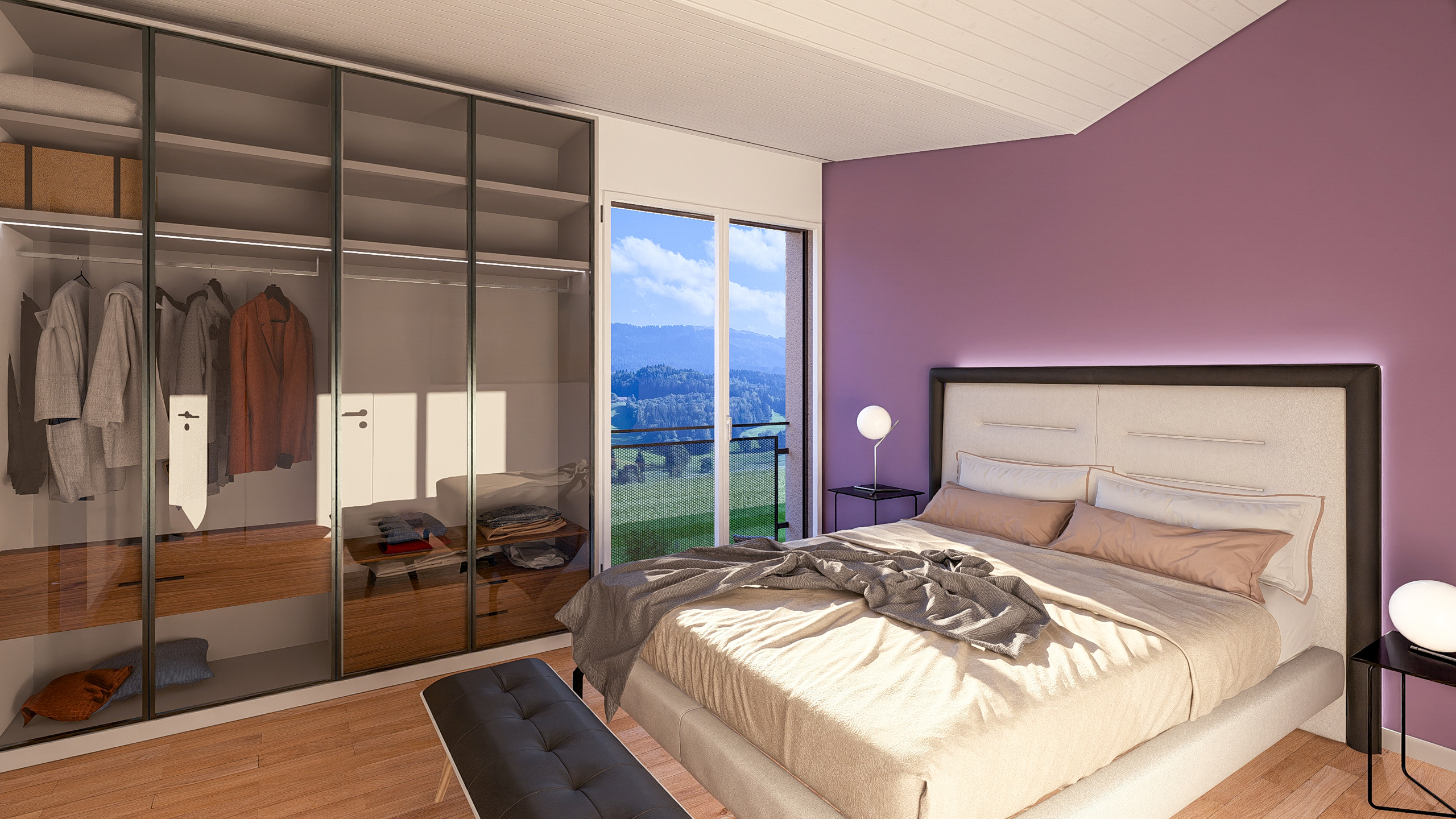 Modernes Schlafzimmer mit Ankleide und Bergblick
