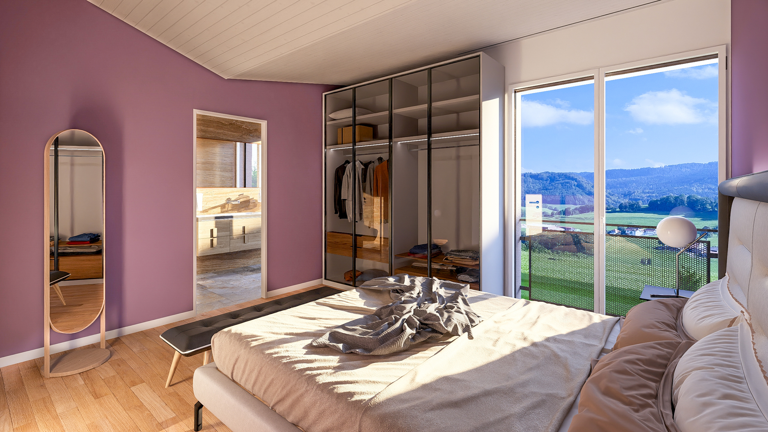 Helles Schlafzimmer mit Balkonblick