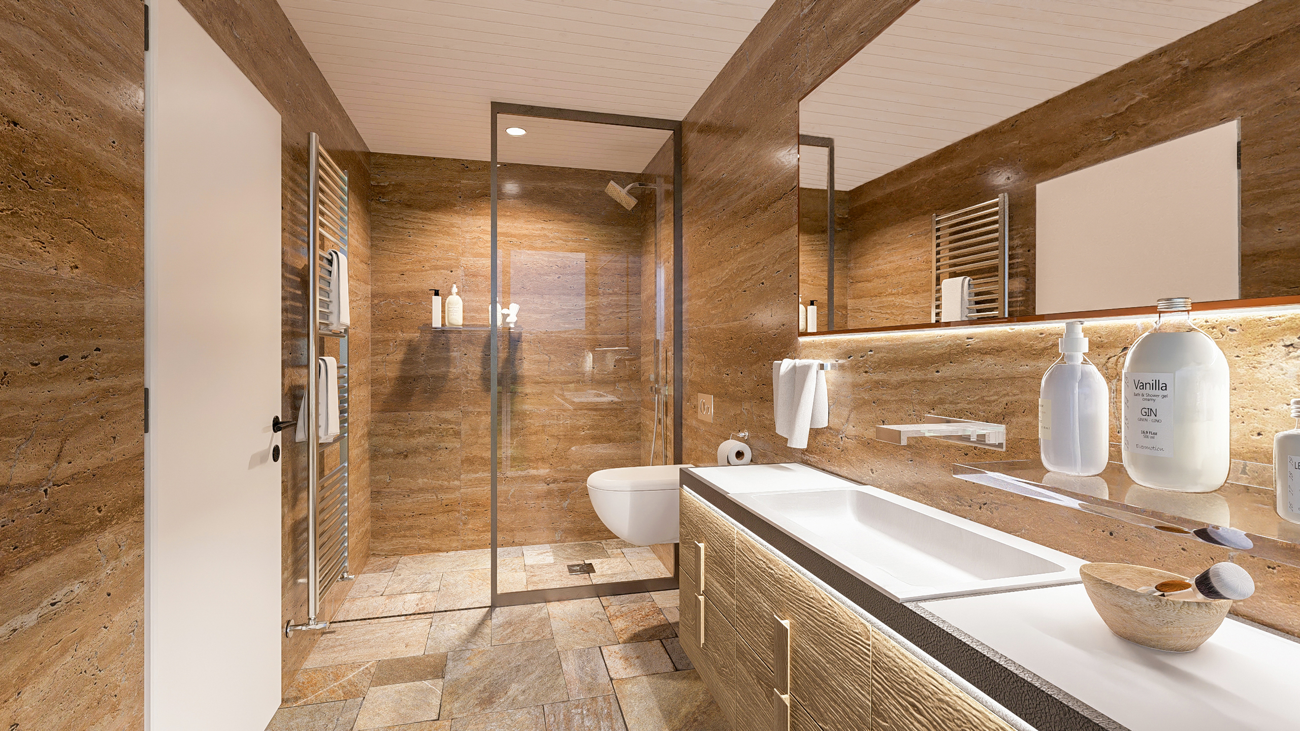 Luxuriöses Badezimmer mit Naturstein und Glasdusche