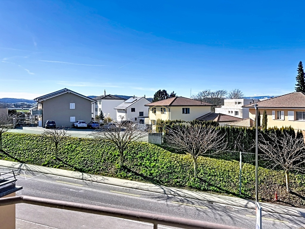 Blick über Wohnhäuser und Straße