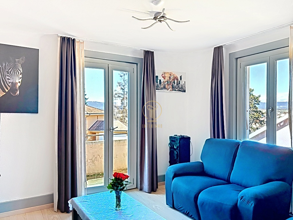Helles Wohnzimmer mit blauem Sofa