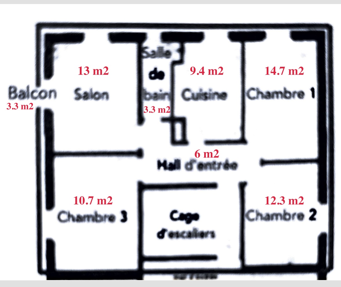 Grundriss einer Wohnung mit Balkon, Wohnzimmer, Küche und drei Schlafzimmern