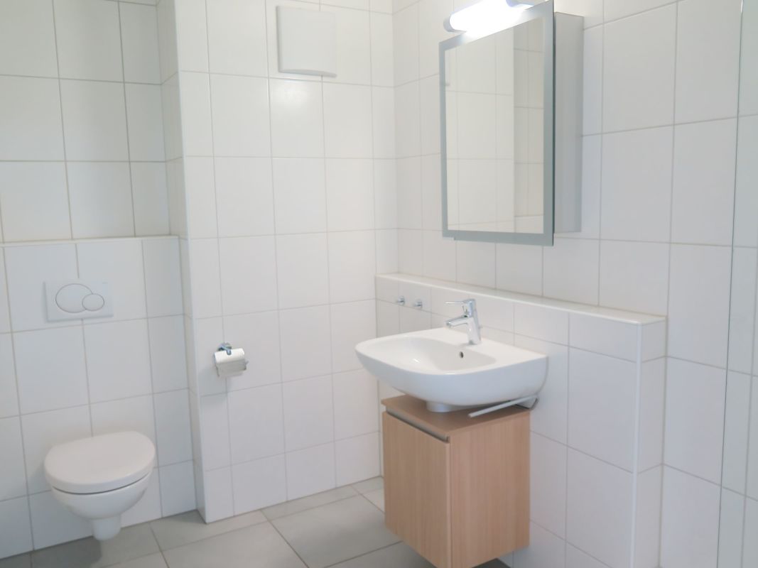 Helles Badezimmer mit Wand-WC und Waschtisch