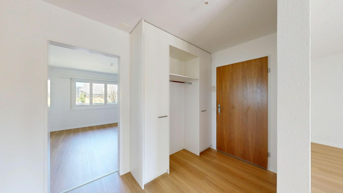 Heller Eingangsbereich mit Einbauschrank und Holztür