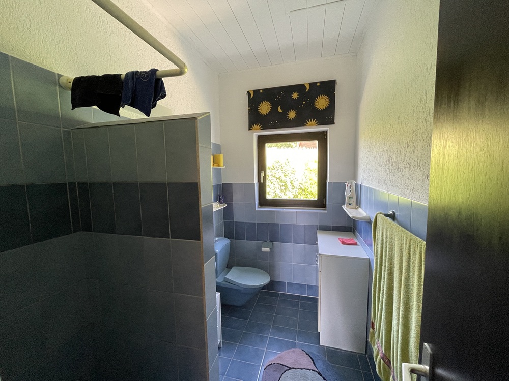 Badezimmer mit blauem Fliesenbelag und Fenster