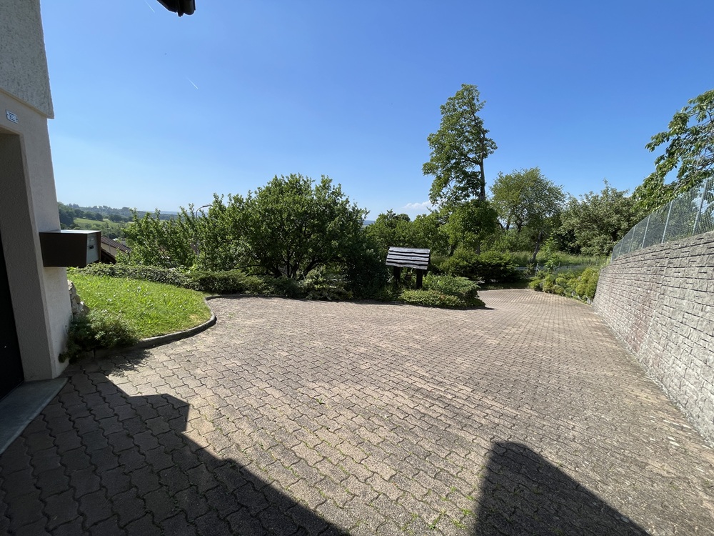 Außenbereich mit gepflasterter Zufahrt und Garten