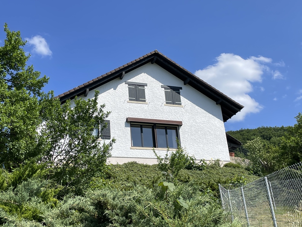 Hausansicht mit Satteldach und Gartenhang