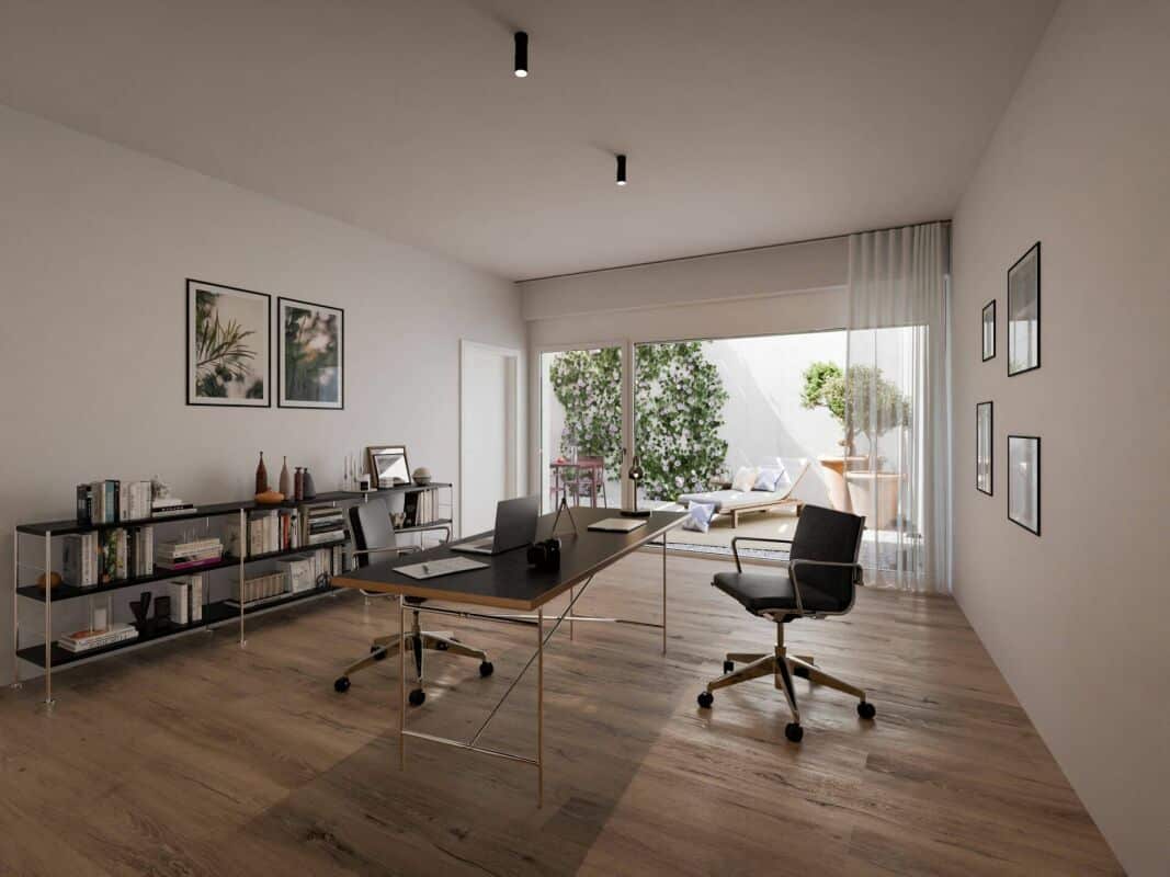 Modernes Arbeitszimmer mit Blick ins Freie