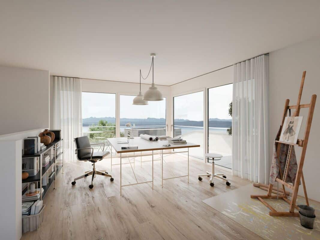 Helles Arbeitszimmer mit Meerblick