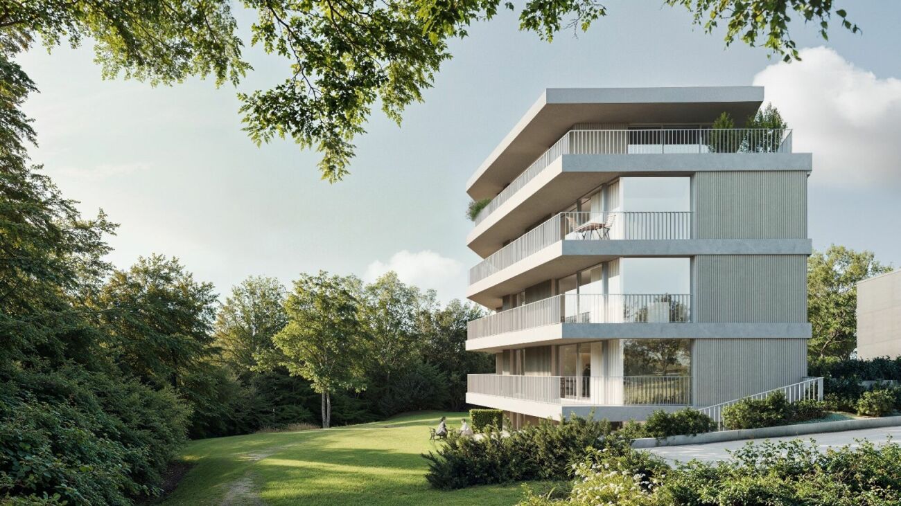 Modernes Mehrfamilienhaus mit großzügigen Balkonen im Grünen