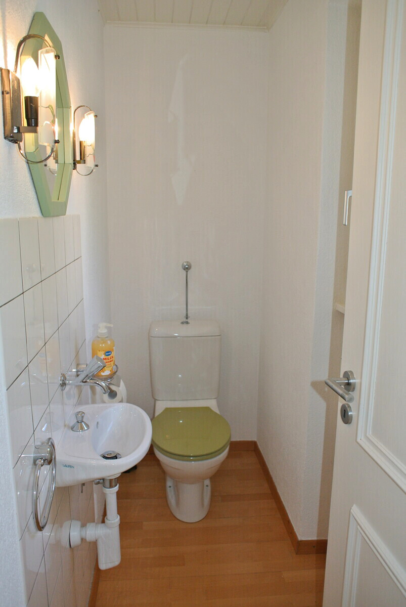 Gäste-WC mit Wand-WC und kleinem Handwaschbecken