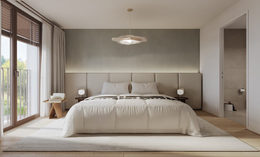 Helles, minimalistisches Schlafzimmer mit Balkonzugang