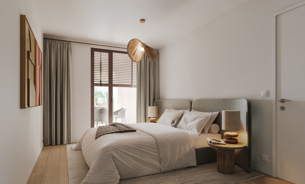 Modernes Schlafzimmer mit Balkonzugang
