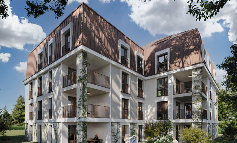 Modernes Mehrfamilienhaus mit Dachgeschoss und begrünten Fassadenelementen