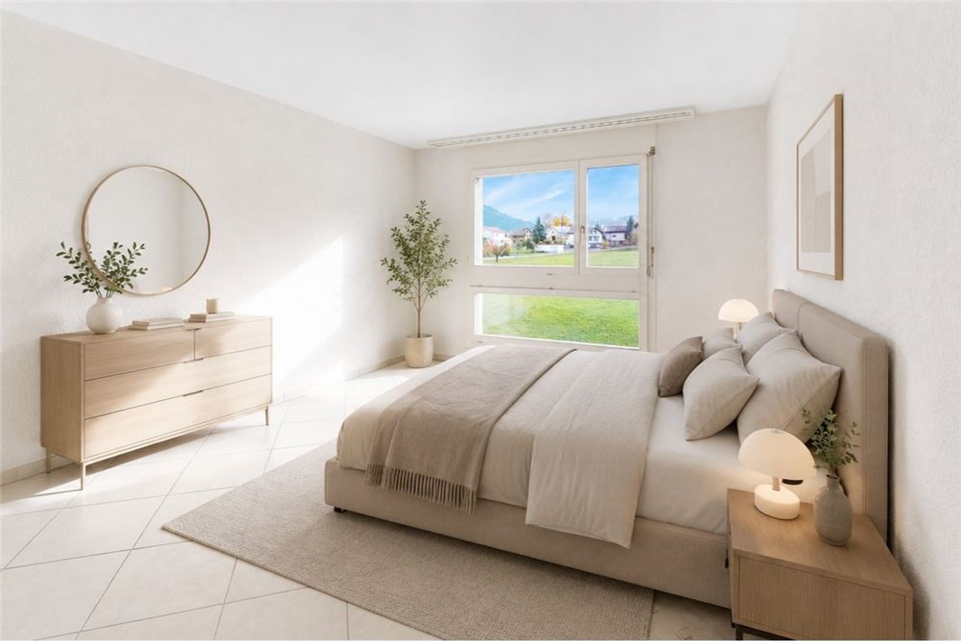 Helles, minimalistisch eingerichtetes Schlafzimmer