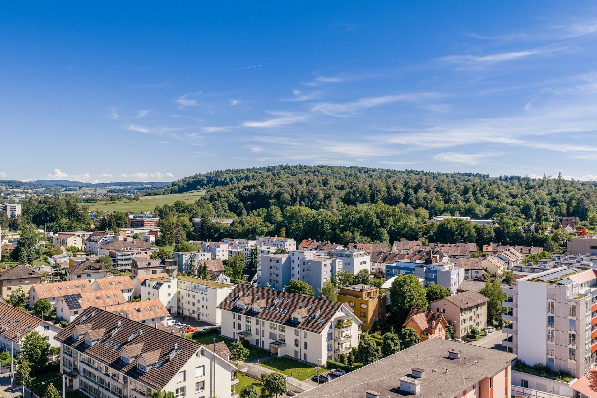 Städtische Panoramaansicht mit Wohngebäuden und Waldhügel
