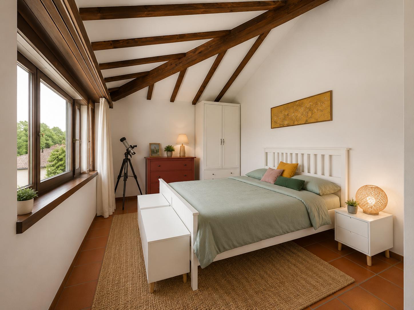 Helles Schlafzimmer mit sichtbaren Holzbalken