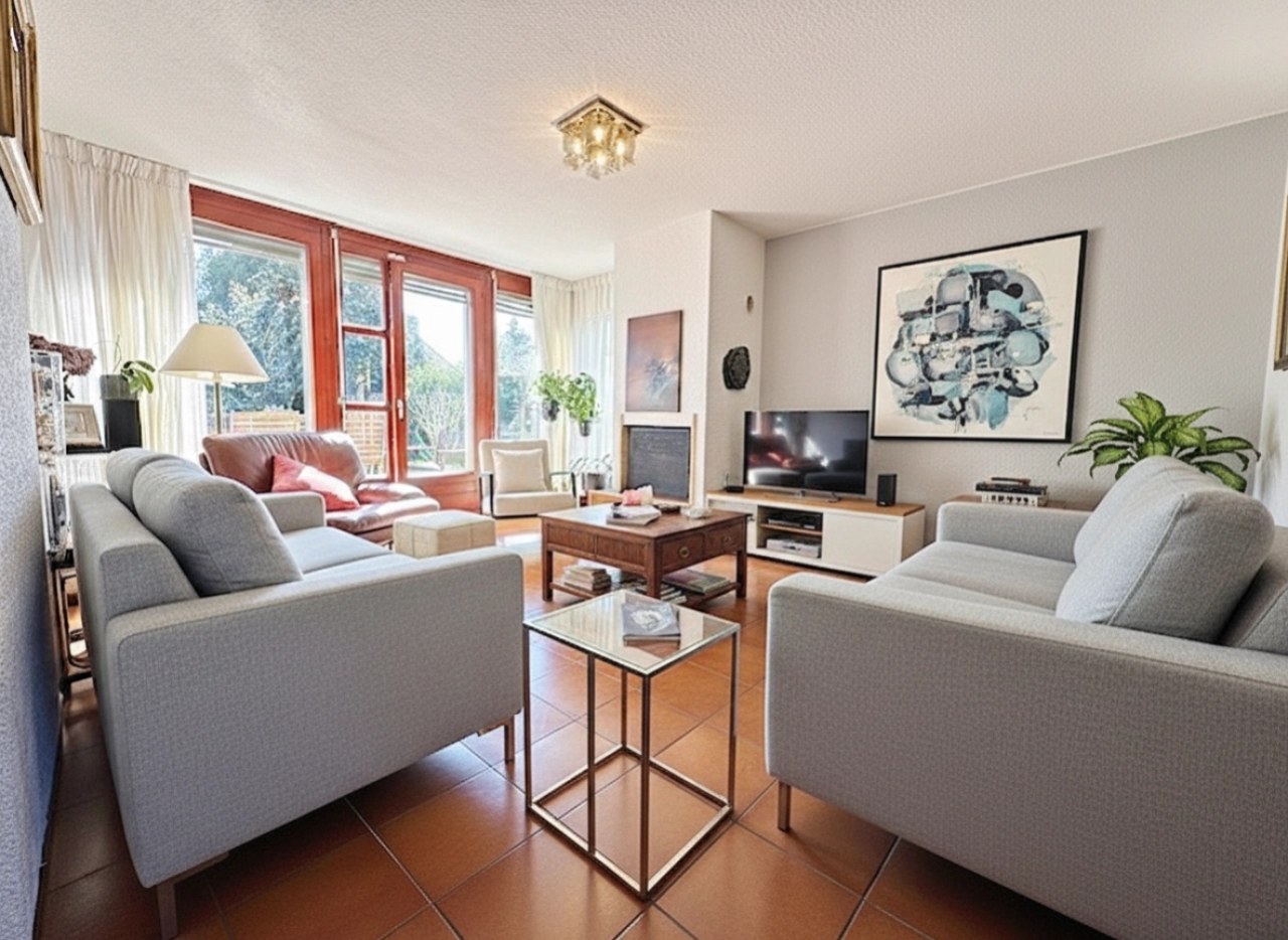 Helles Wohnzimmer mit großen Fenstern und Sitzgruppe