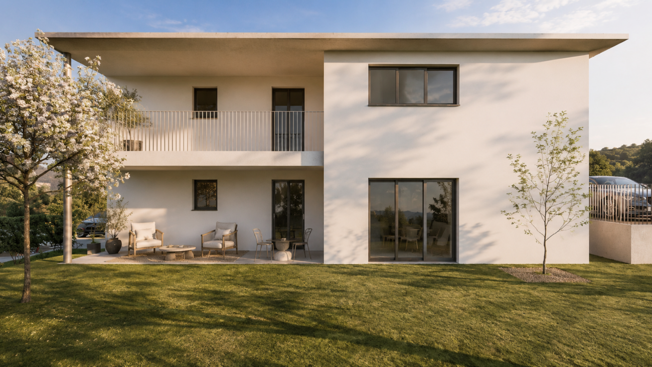 Moderne Außenansicht eines Hauses mit Garten