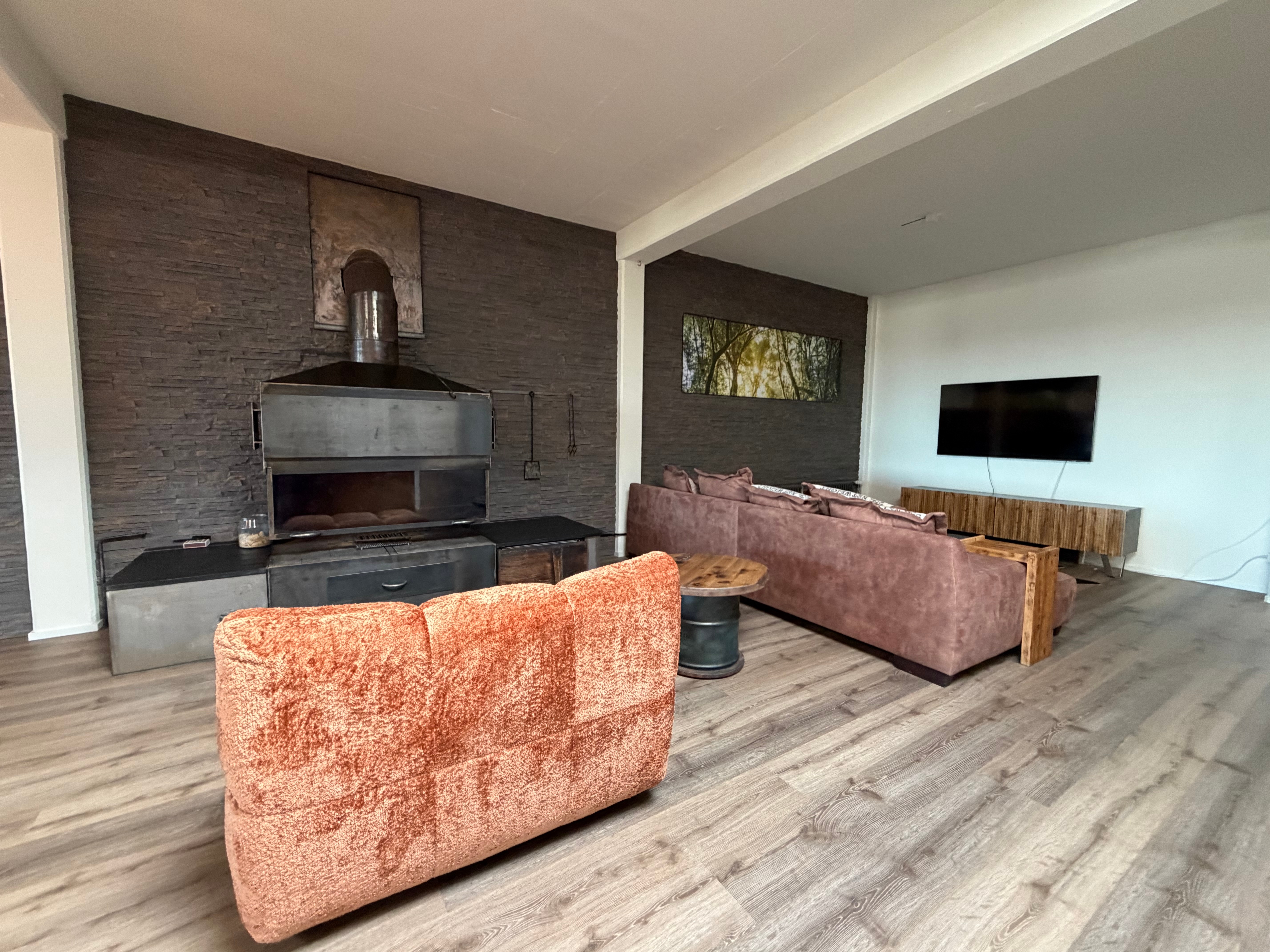 Wohnzimmer mit Kaminwand und TV-Bereich