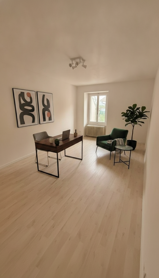 Heller, leerer Wohnraum mit Schreibtisch und Sessel