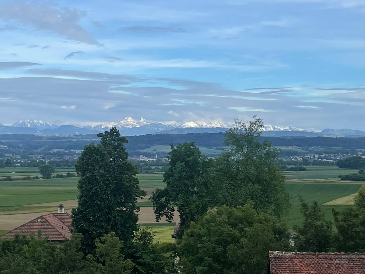 Panoramablick auf Alpen und Felder