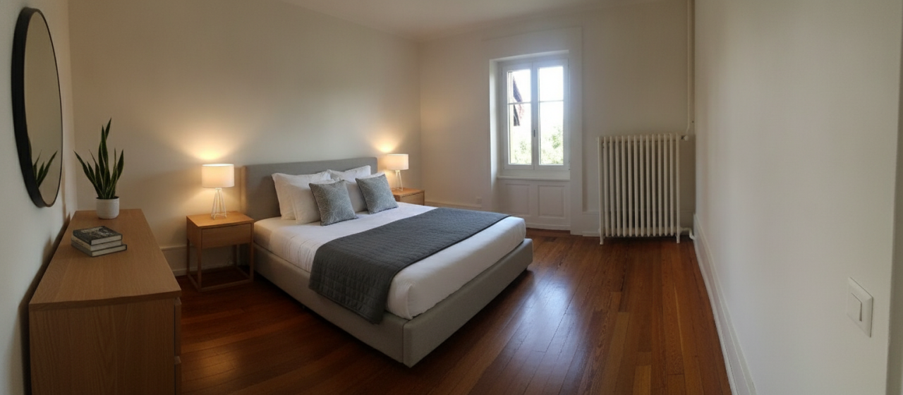 Helles Schlafzimmer mit Doppelbett