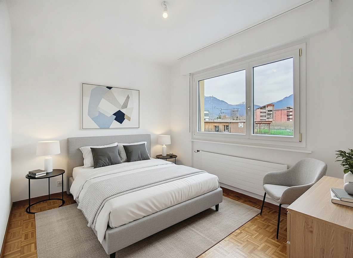 Helles, modern eingerichtetes Schlafzimmer mit Stadtblick