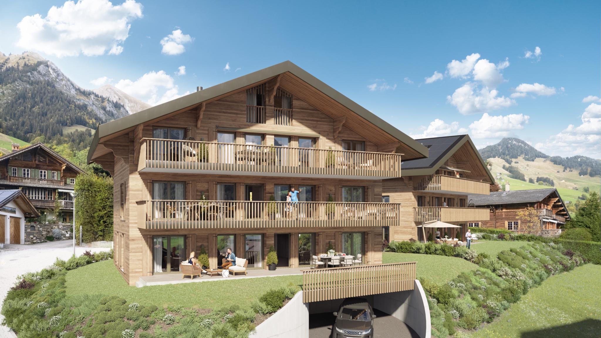 Alpines Holzchalet mit Balkonen und Bergblick