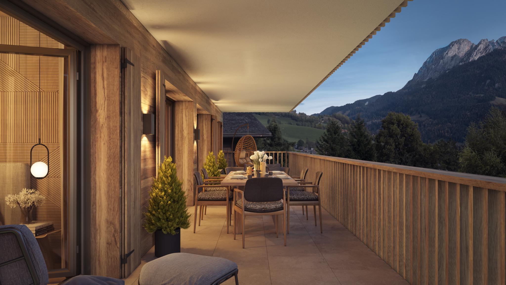 Überdachte Balkonterrasse mit Bergblick