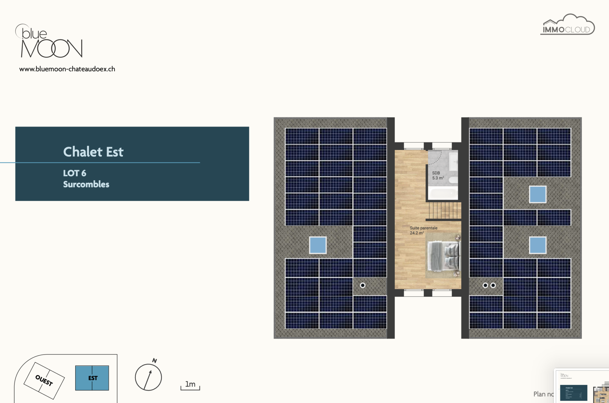 Grundriss einer Chalet-Einheit mit PV-Dachflächen