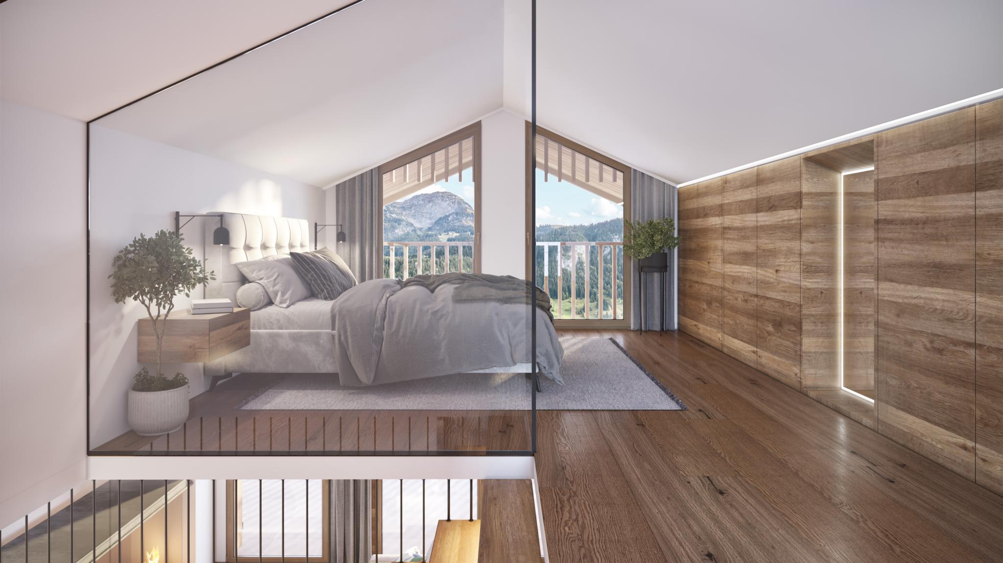 Modernes Schlafzimmer mit Bergblick und Galerie