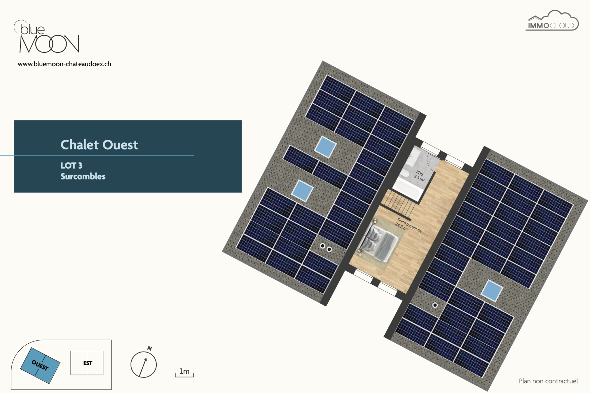 Grundriss eines Chalet-Obergeschosses mit PV-Dach und Master-Suite