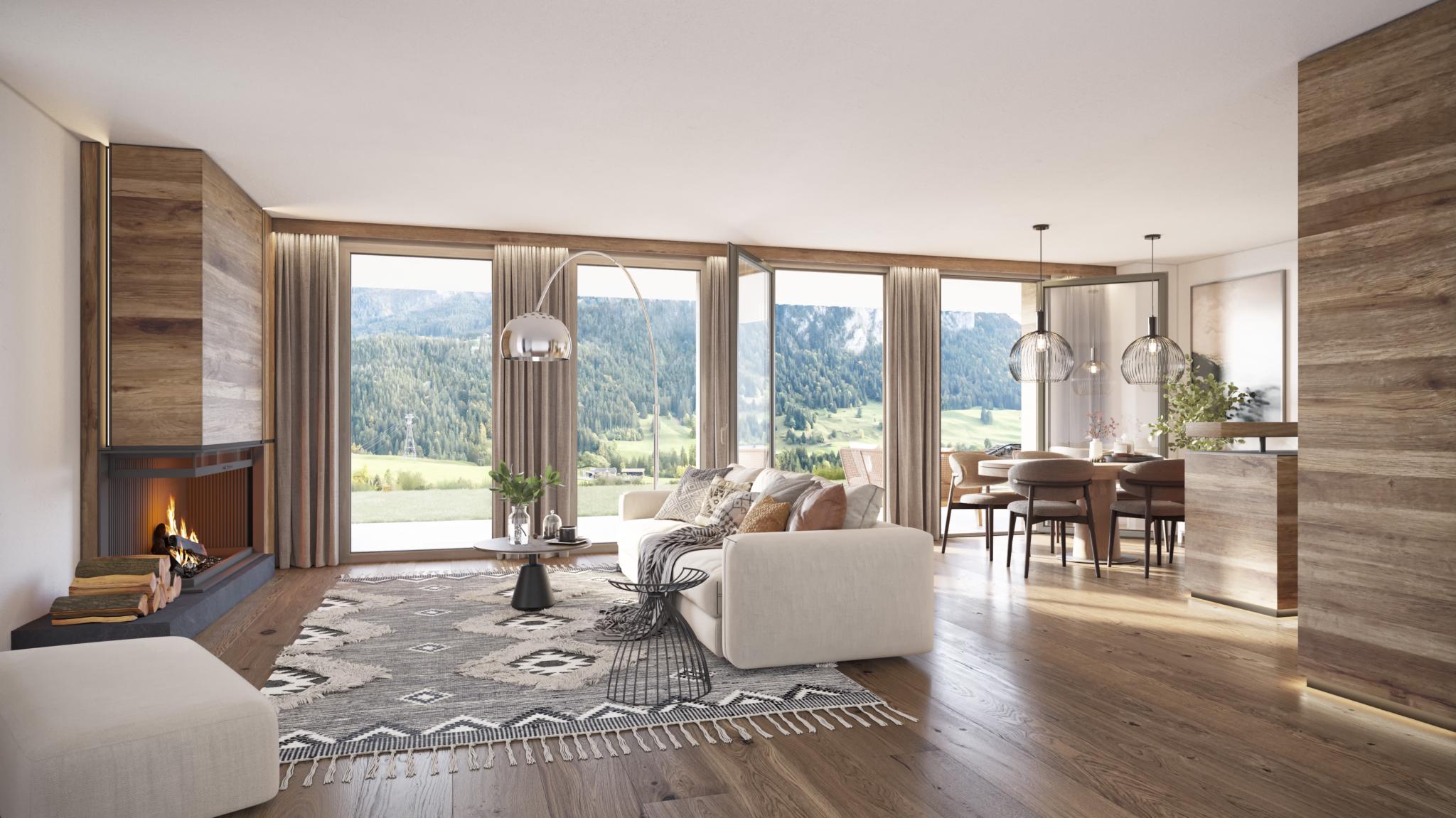 Heller Wohn-Essbereich mit Bergblick