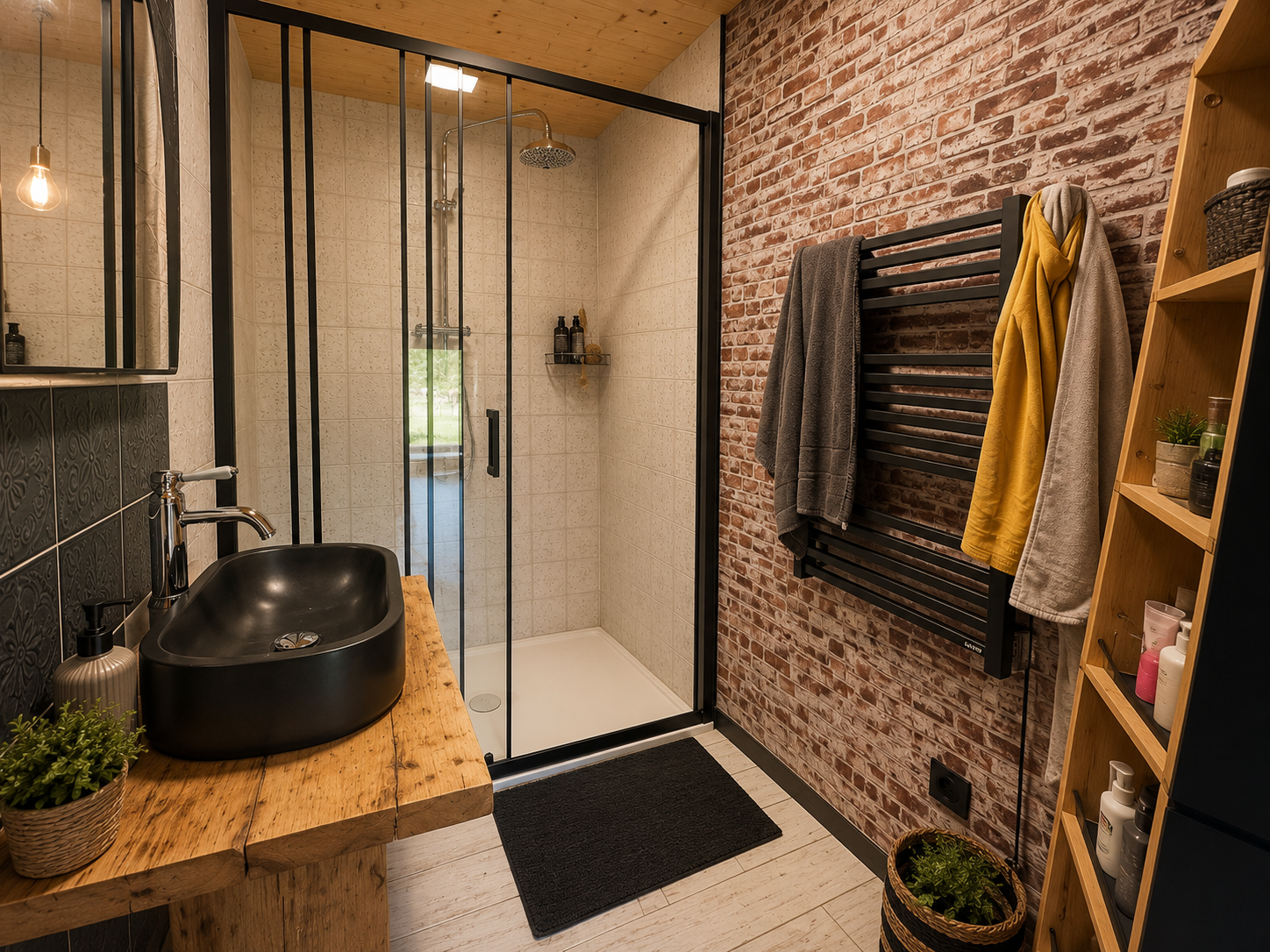 Modernes Badezimmer mit begehbarer Dusche und schwarzem Waschbecken