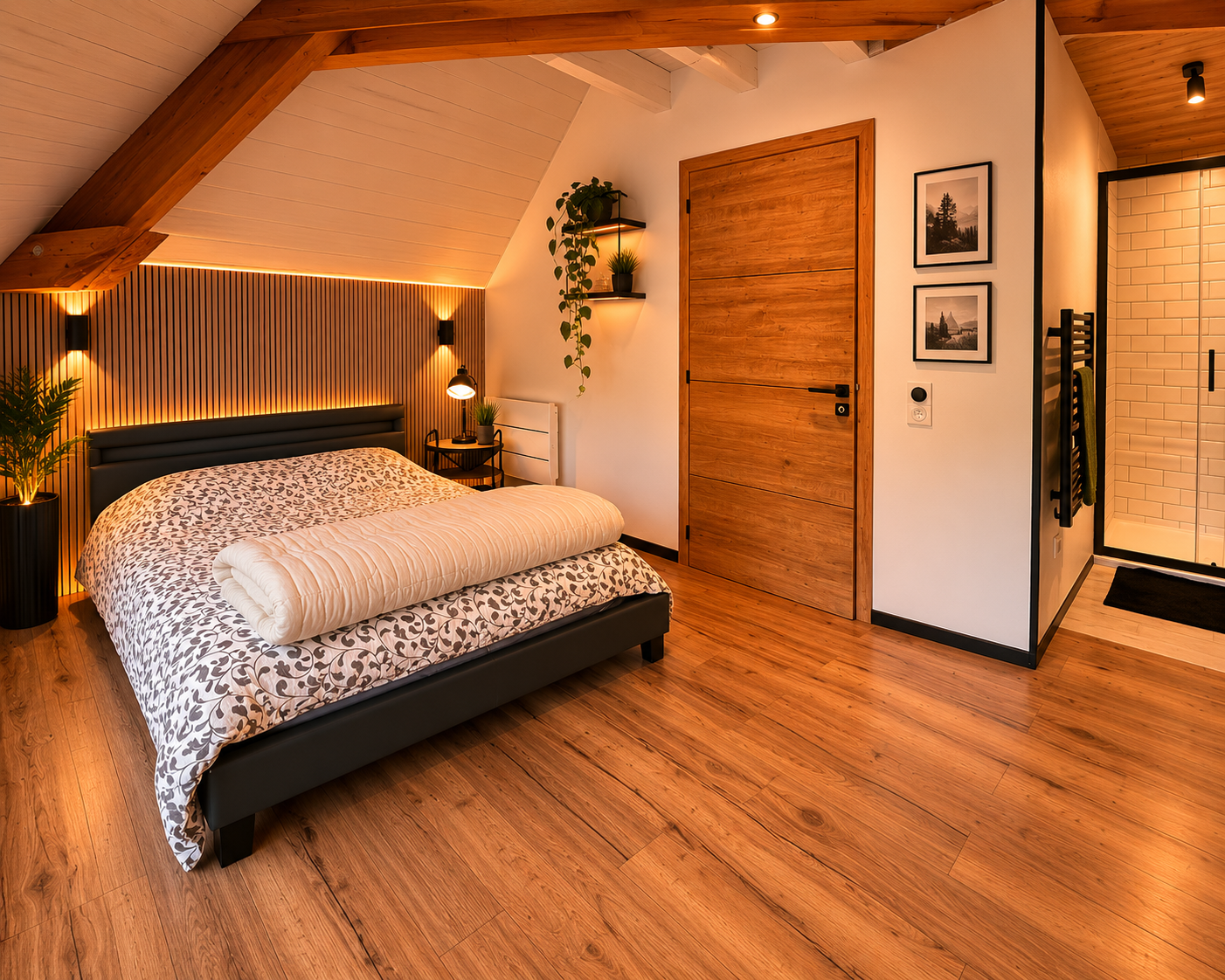 Gemütliches Schlafzimmer mit Holzdetails