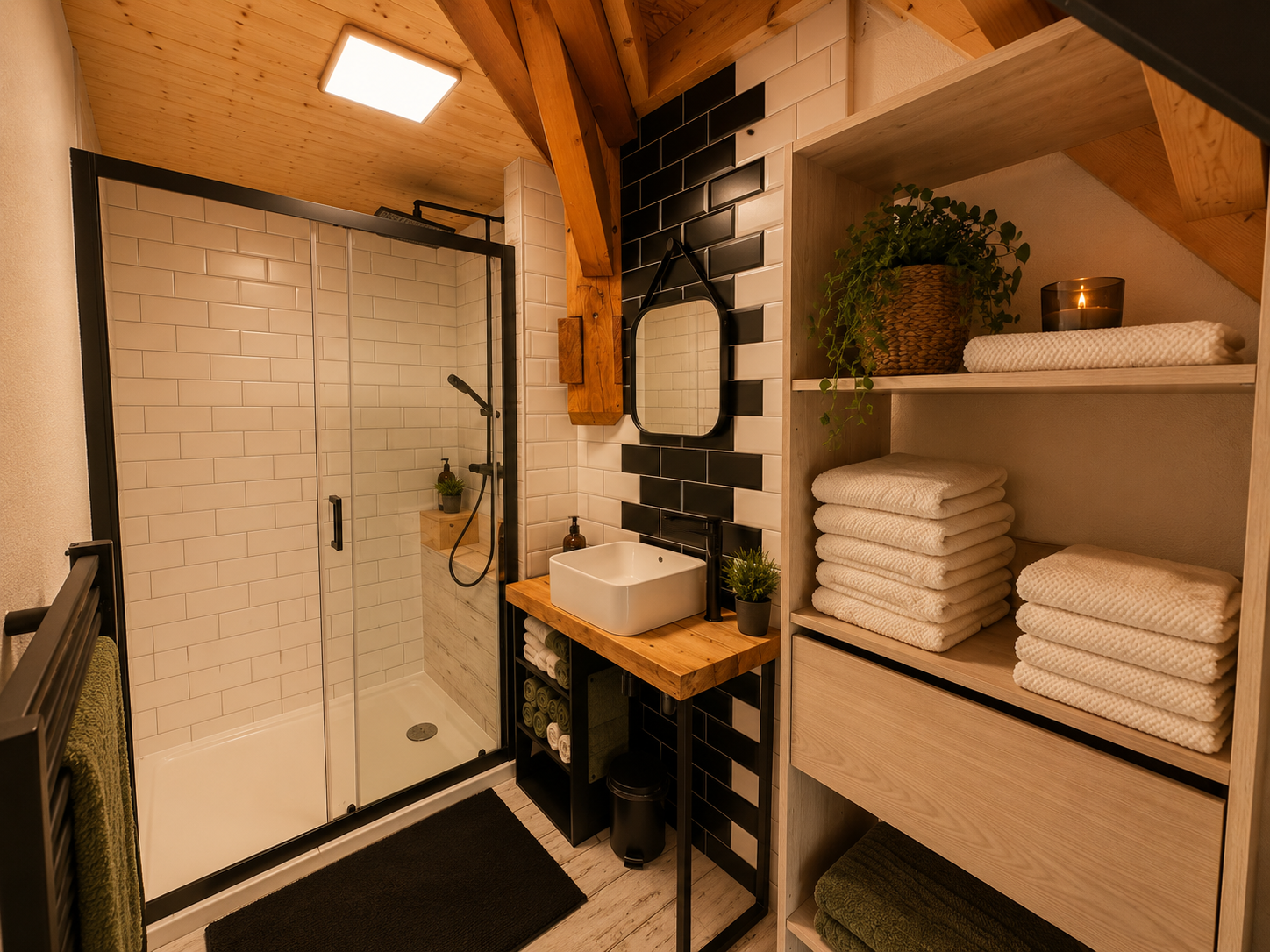 Modernes Badezimmer mit Holz und Schwarz-Weiß-Kontrast