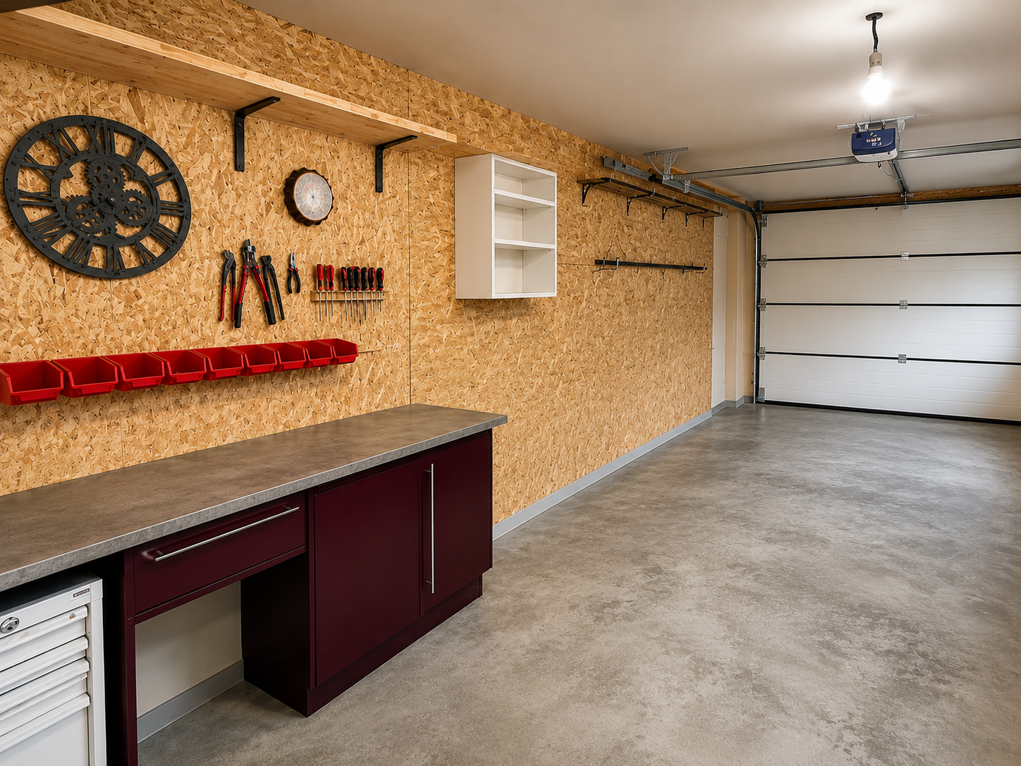 Geräumige, aufgeräumte Garage mit Werkbank und Werkzeugwand