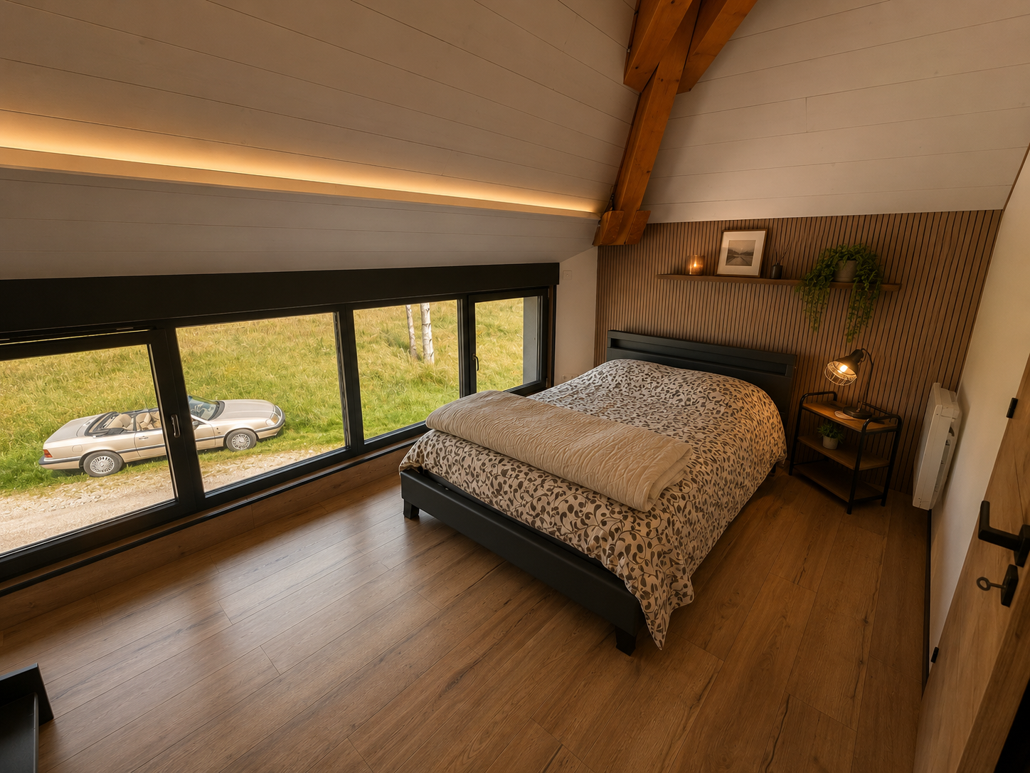 Gemütliches Schlafzimmer mit großem Panoramafenster