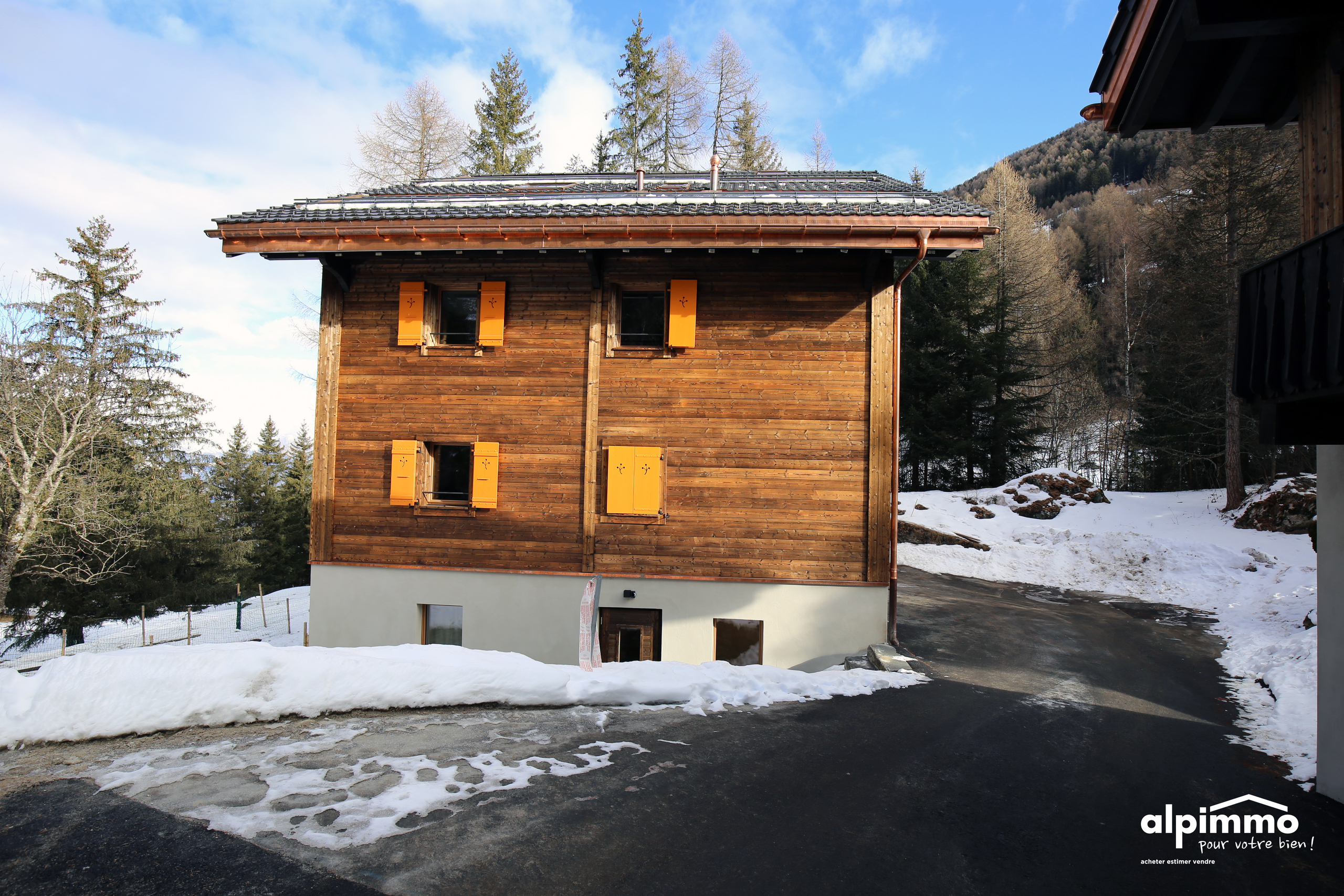 Holzhaus im Schnee mit Bergkulisse
