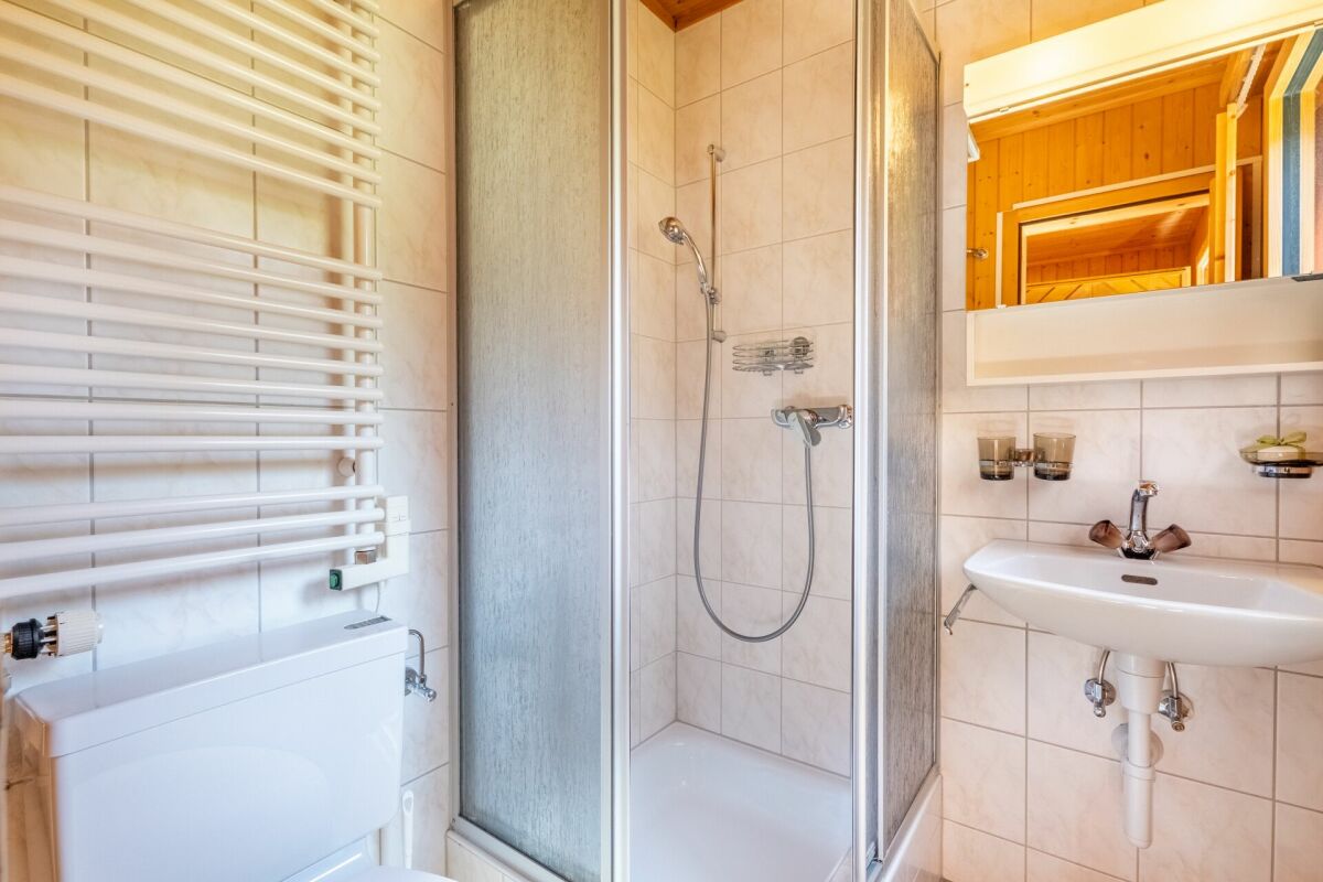 Helles Badezimmer mit Dusche, Heizkörper und Waschtisch